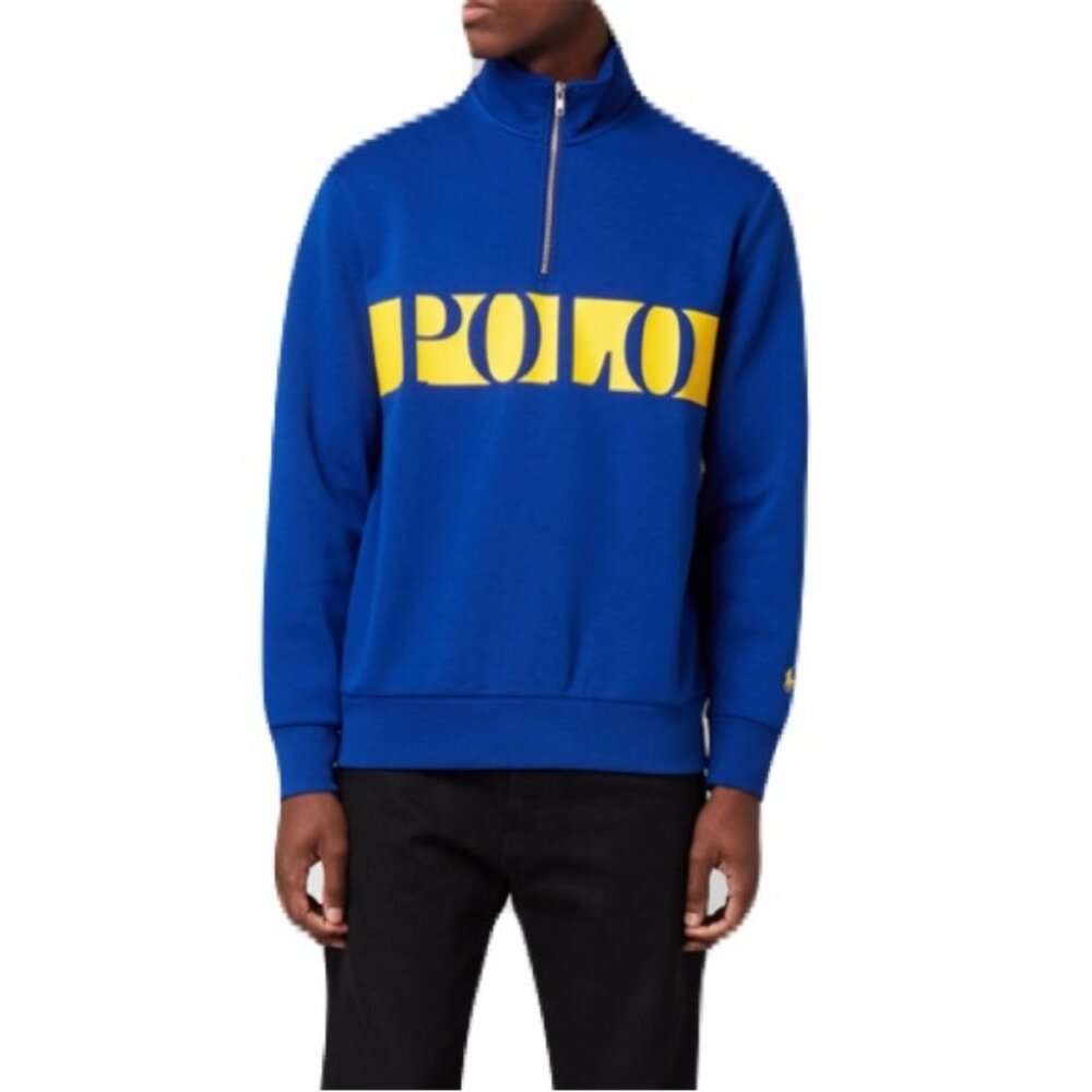 POLO RALPH LAUREN Double Knit Tech Panel Logo Sweater Blue Size Large 14/16